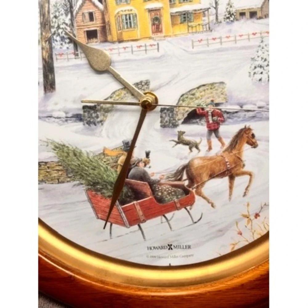 Vtg Howard Miller Musical Wall Clock Winter Village Scene Oak Finish Christmas